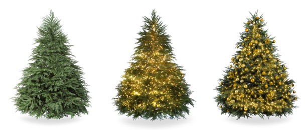 Christmas tree isolated on white, step-by-step decorating