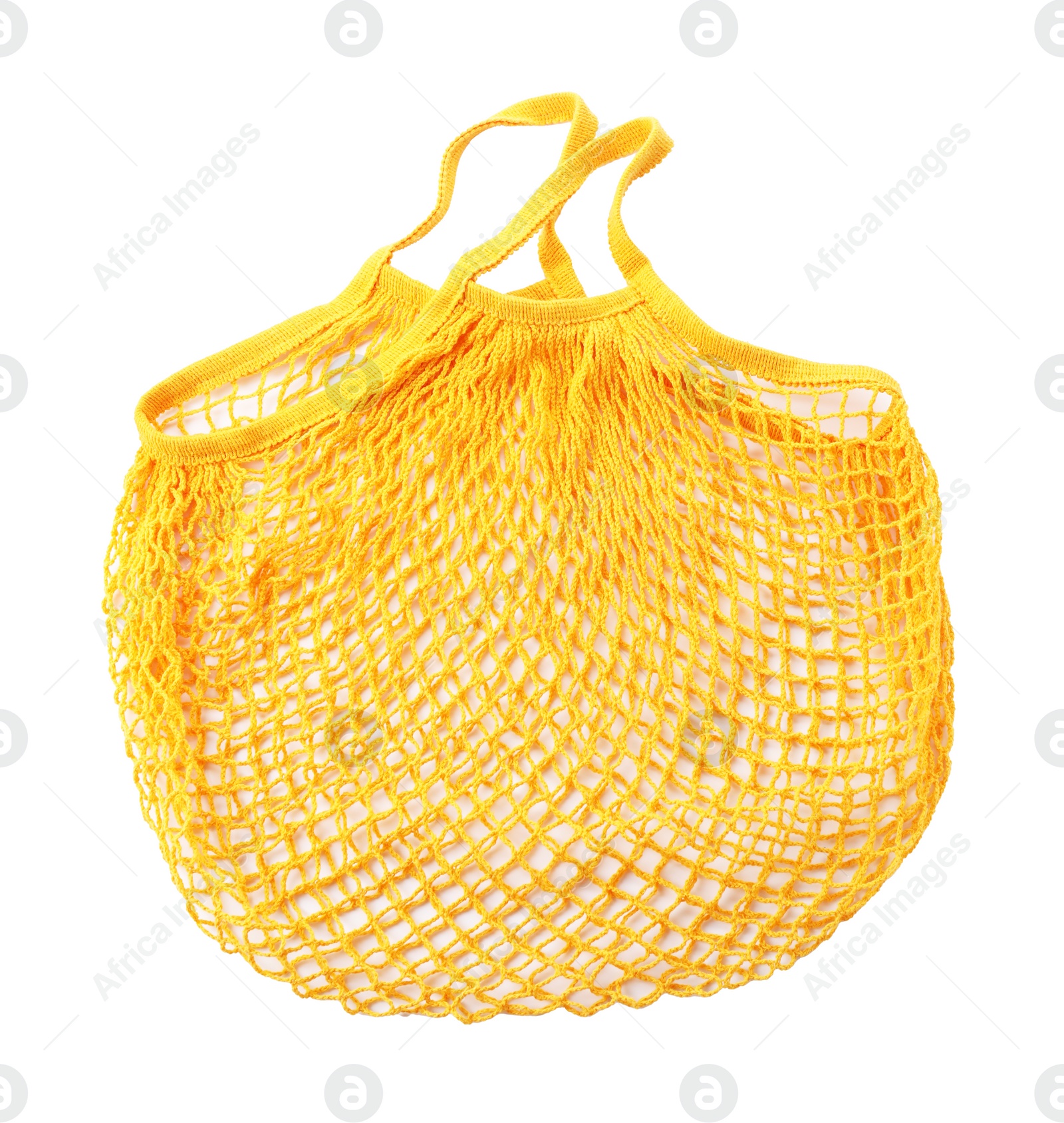 Photo of Orange empty string bag isolated on white, top view