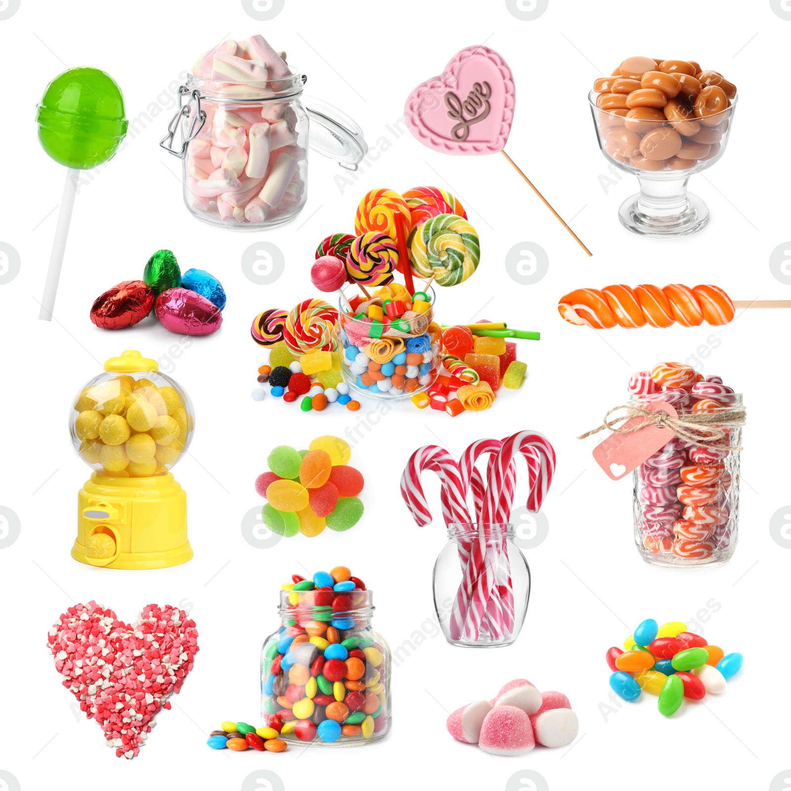 Image of Collection of different delicious confectionery on white background