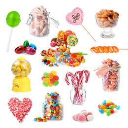 Image of Collection of different delicious confectionery on white background