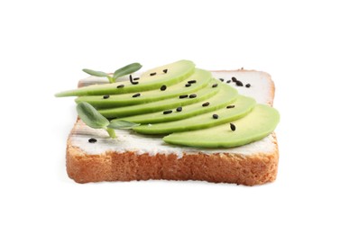 Photo of Delicious toast with cream cheese, avocado and black sesame seeds isolated on white