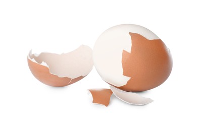 Fresh boiled egg and shell on white background