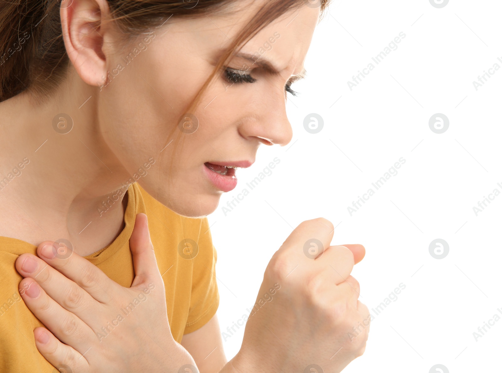 Photo of Woman suffering from cough isolated on white