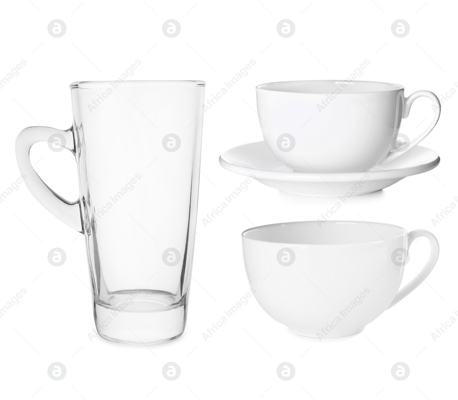 Image of Set with different coffee cups on white background 