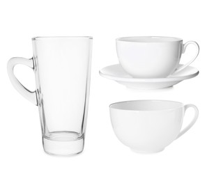 Set with different coffee cups on white background 