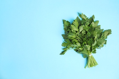 Photo of Bunch of fresh green parsley on color background, view from above. Space for text