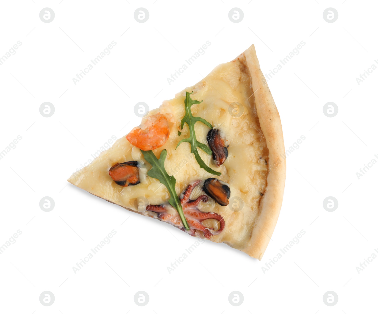 Photo of Piece of delicious seafood pizza isolated on white, top view