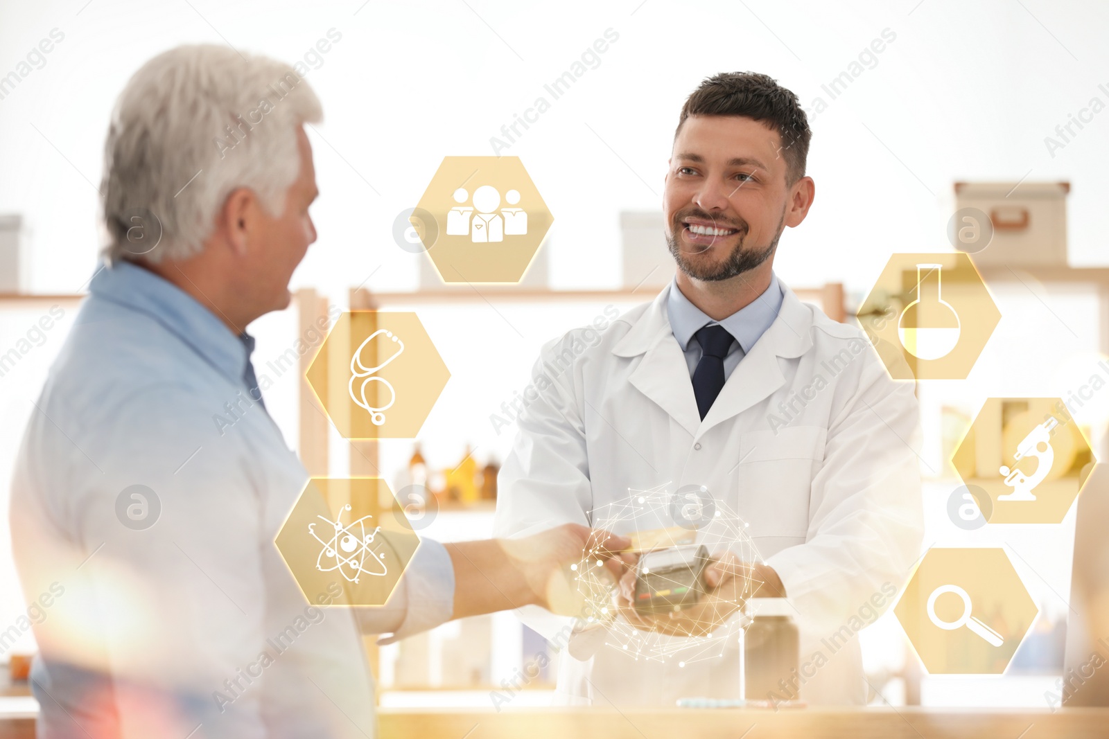 Image of Professional pharmacist working with customer in drugstore