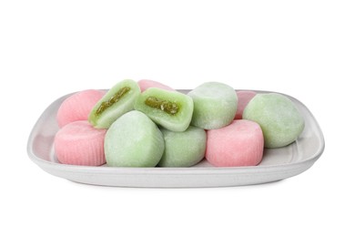 Photo of Plate with different delicious mochi on white background. Traditional Japanese dessert