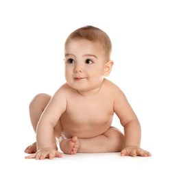 Photo of Cute healthy little baby on white background