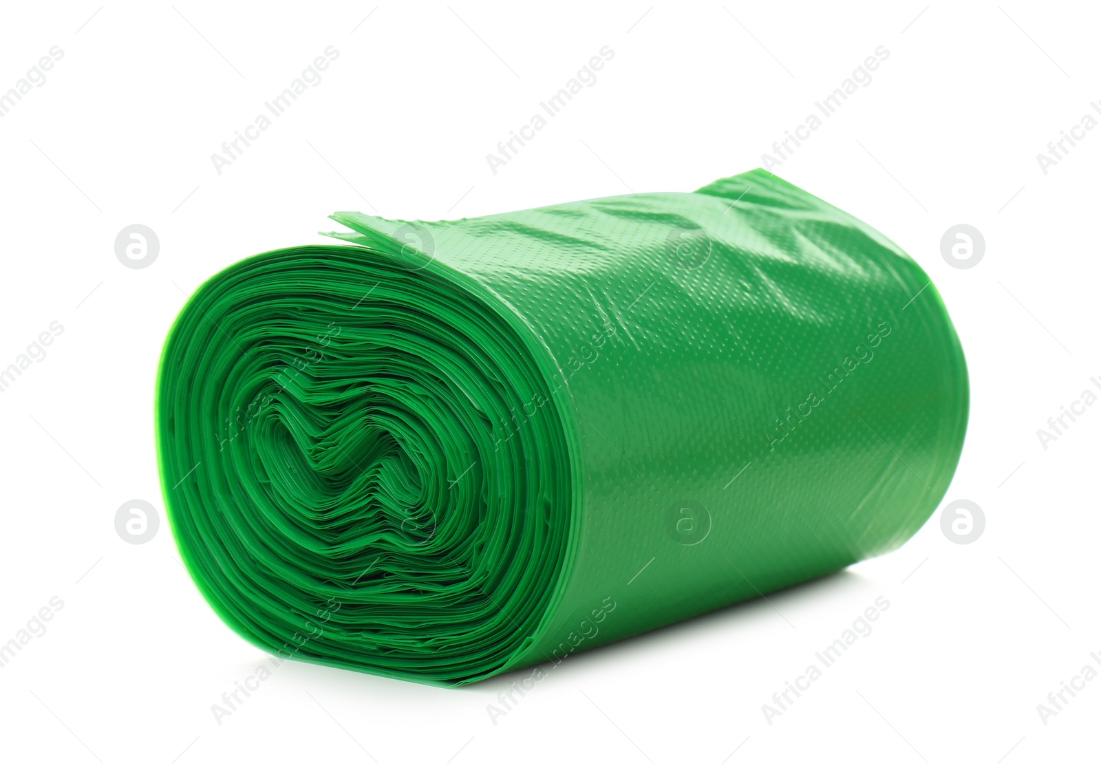 Photo of Garbage bag roll on white background. Cleaning supplies