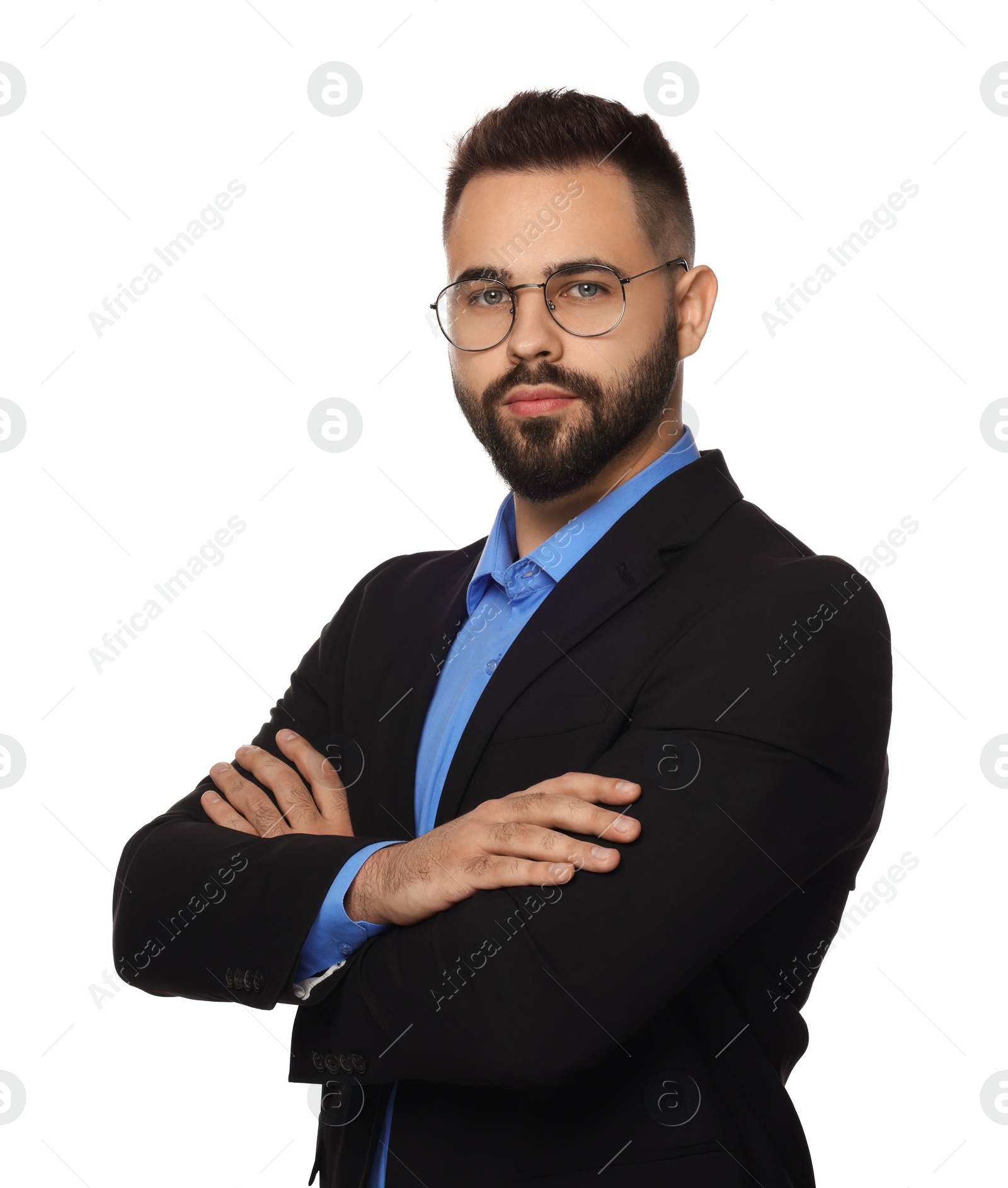 Photo of Portrait of handsome man in glasses with crossed arms on white background. Lawyer, businessman, accountant or manager