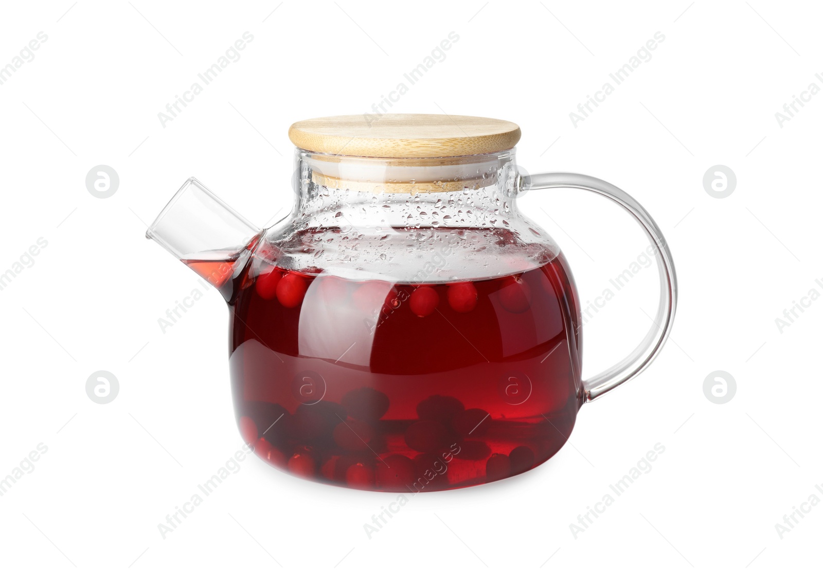 Photo of Tasty hot cranberry tea with fresh berries in teapot isolated on white