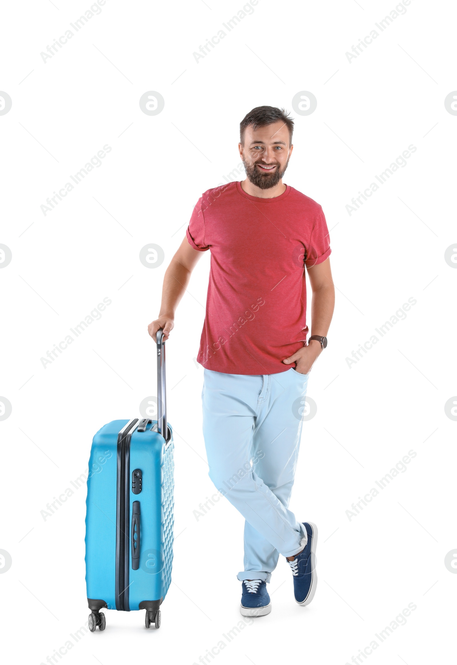 Photo of Man with suitcase on white background. Vacation travel
