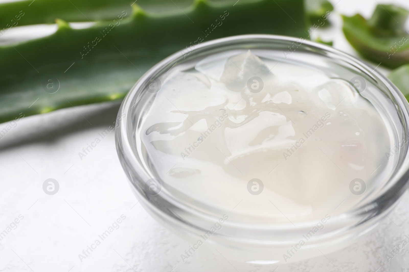 Photo of Aloe vera gel in bowl on white background, closeup. Space for text