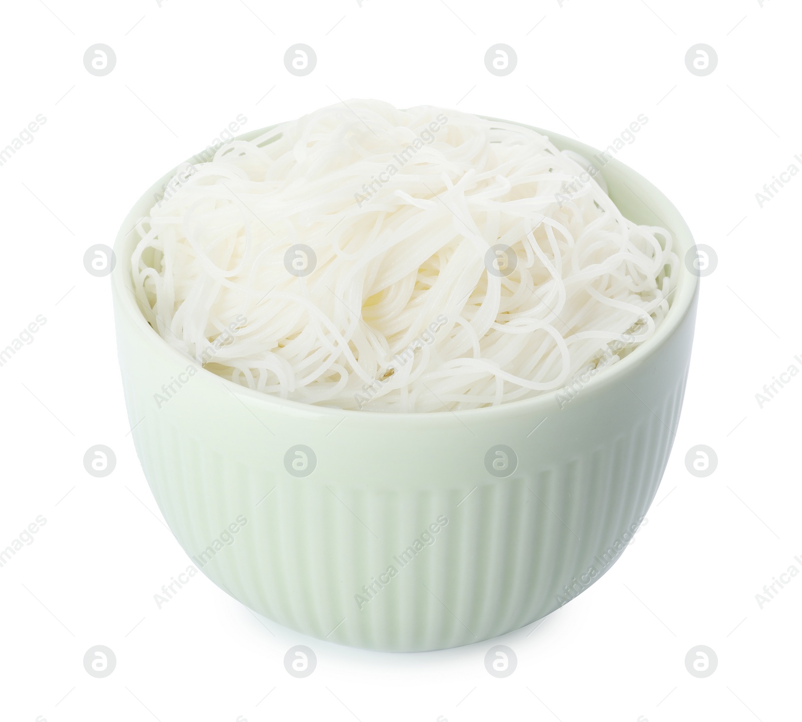 Photo of Bowl with rice noodles isolated on white