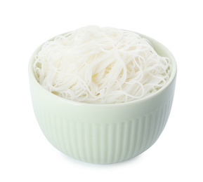 Photo of Bowl with rice noodles isolated on white