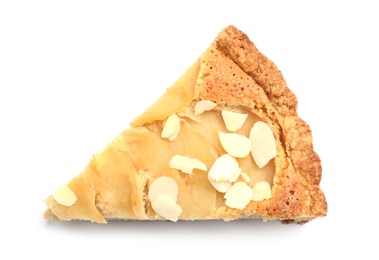 Photo of Piece of delicious sweet pear tart on white background, top view
