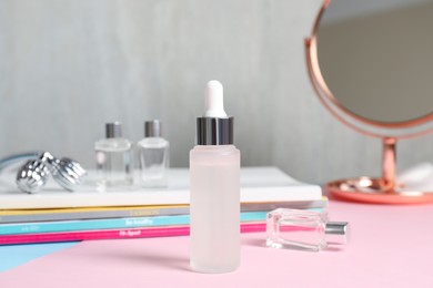 Bottle of cosmetic product on dressing table
