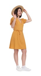 Photo of Happy woman in straw hat on white background