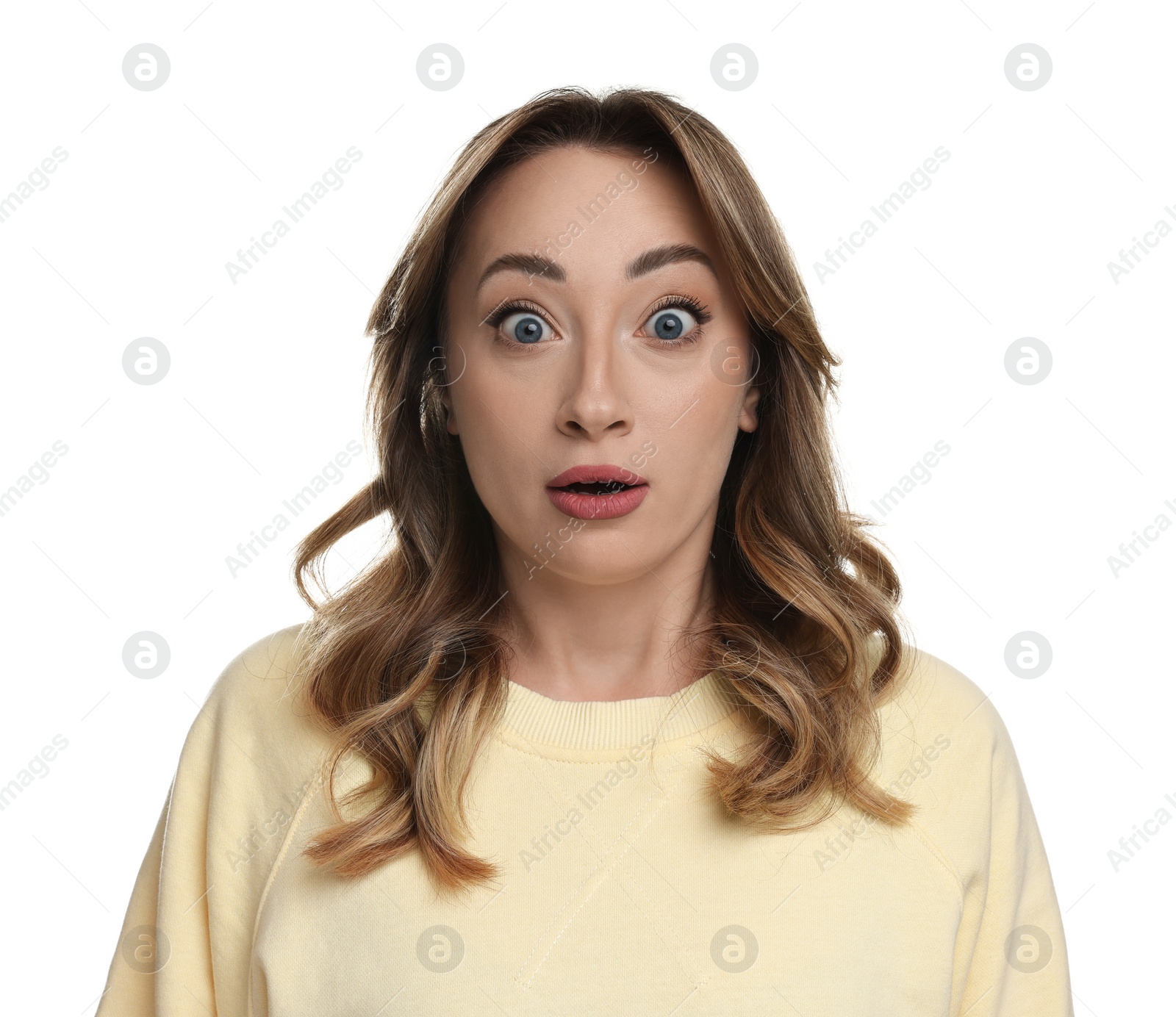 Photo of Portrait of surprised woman on white background