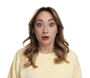 Photo of Portrait of surprised woman on white background