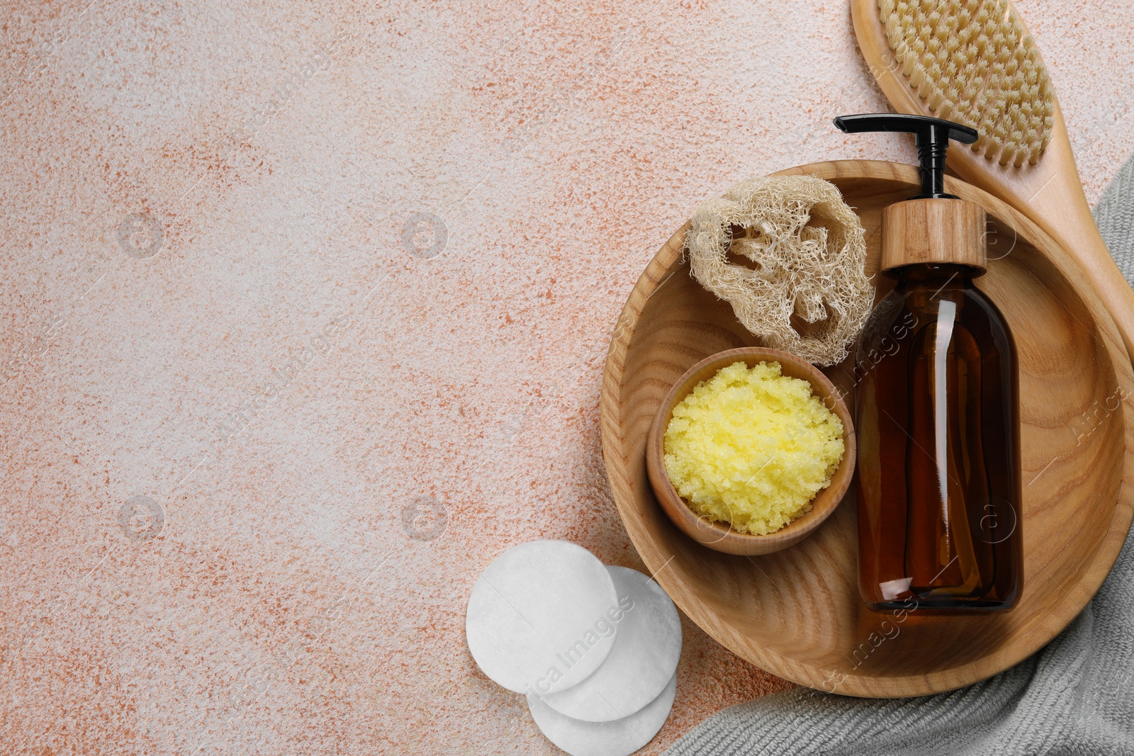 Photo of Flat lay composition with natural body scrub on beige textured table, space for text. Anti cellulite treatment