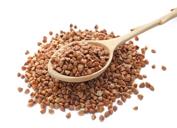 Photo of Raw buckwheat grains on white background. Healthy cereals