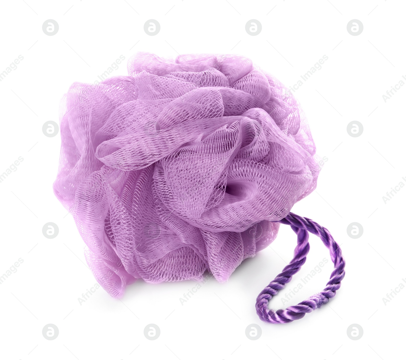 Photo of New violet shower puff isolated on white