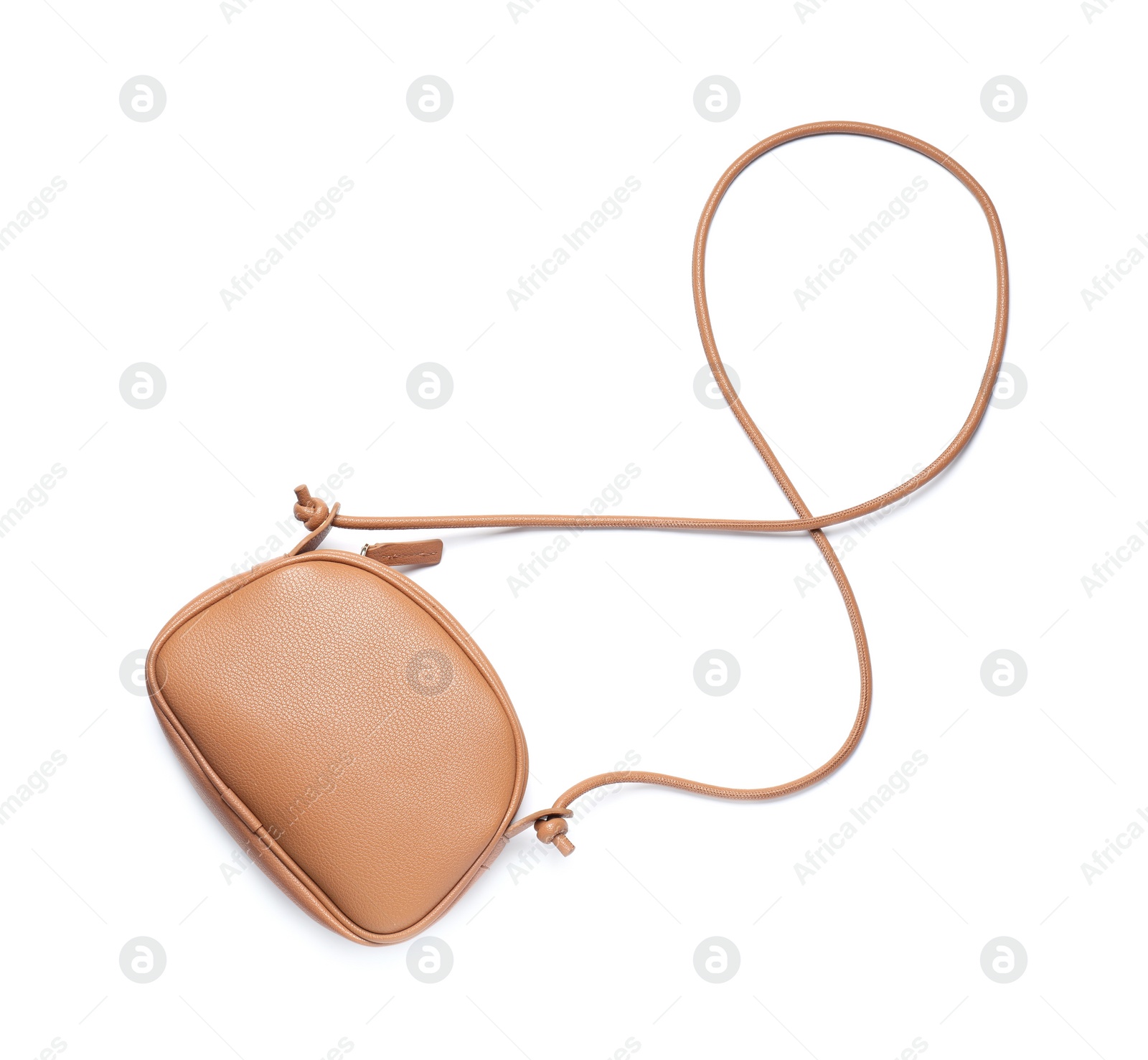 Photo of Stylish light brown leather handbag isolated on white, top view