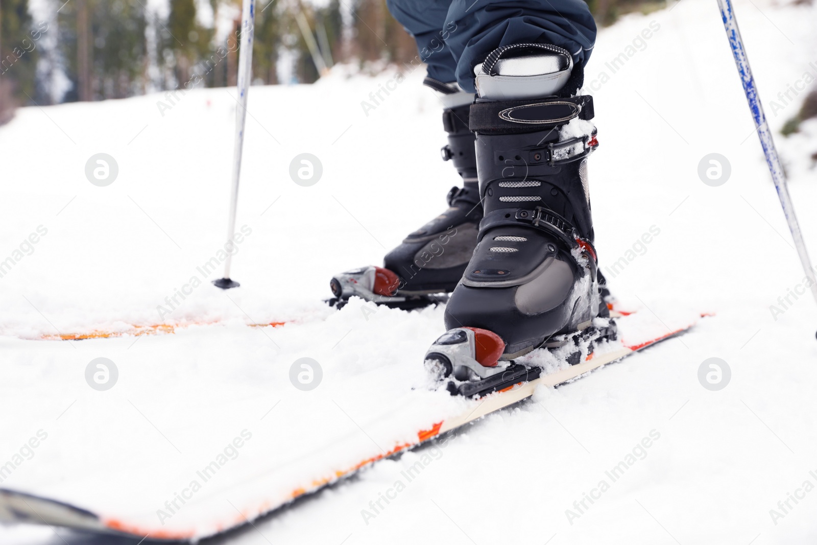 Photo of Skier on slope at resort, closeup. Winter vacation