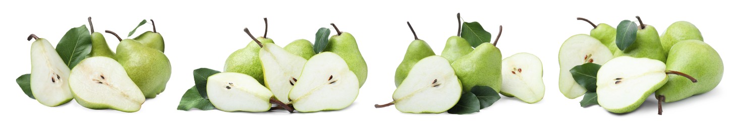 Image of Set with tasty ripe pears on white background. Banner design