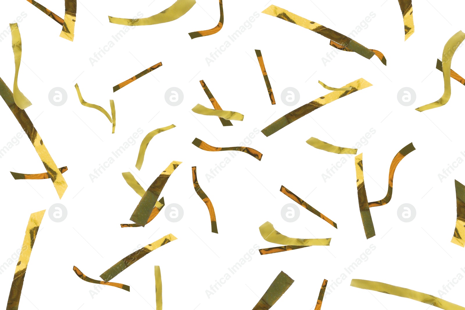 Image of Shiny golden confetti falling on white background