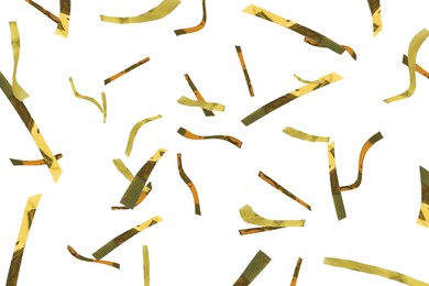 Image of Shiny golden confetti falling on white background