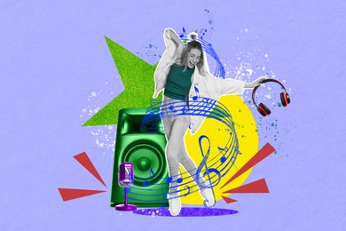 Woman dancing near loudspeaker on bright background, creative collage. Stylish art design