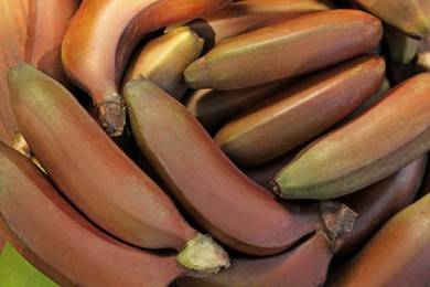 Photo of Delicious purple bananas as background, top view
