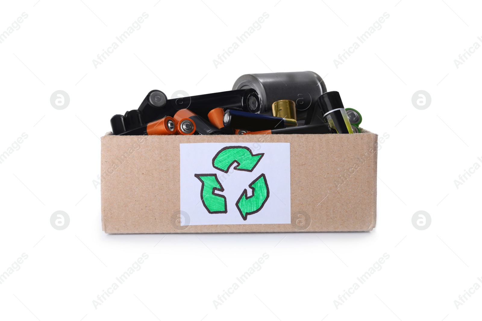 Image of Used electric batteries in cardboard box with recycling symbol on white background