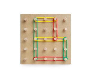 Photo of Wooden geoboard with letter B made of colorful rubber bands isolated on white. Educational toy for motor skills development