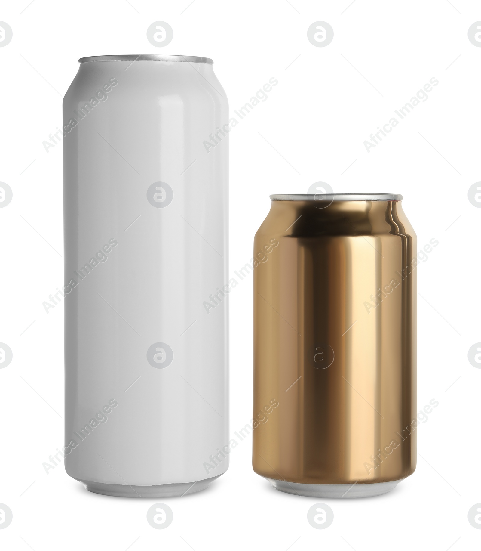 Photo of Aluminum cans with drinks on white background