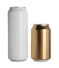 Photo of Aluminum cans with drinks on white background