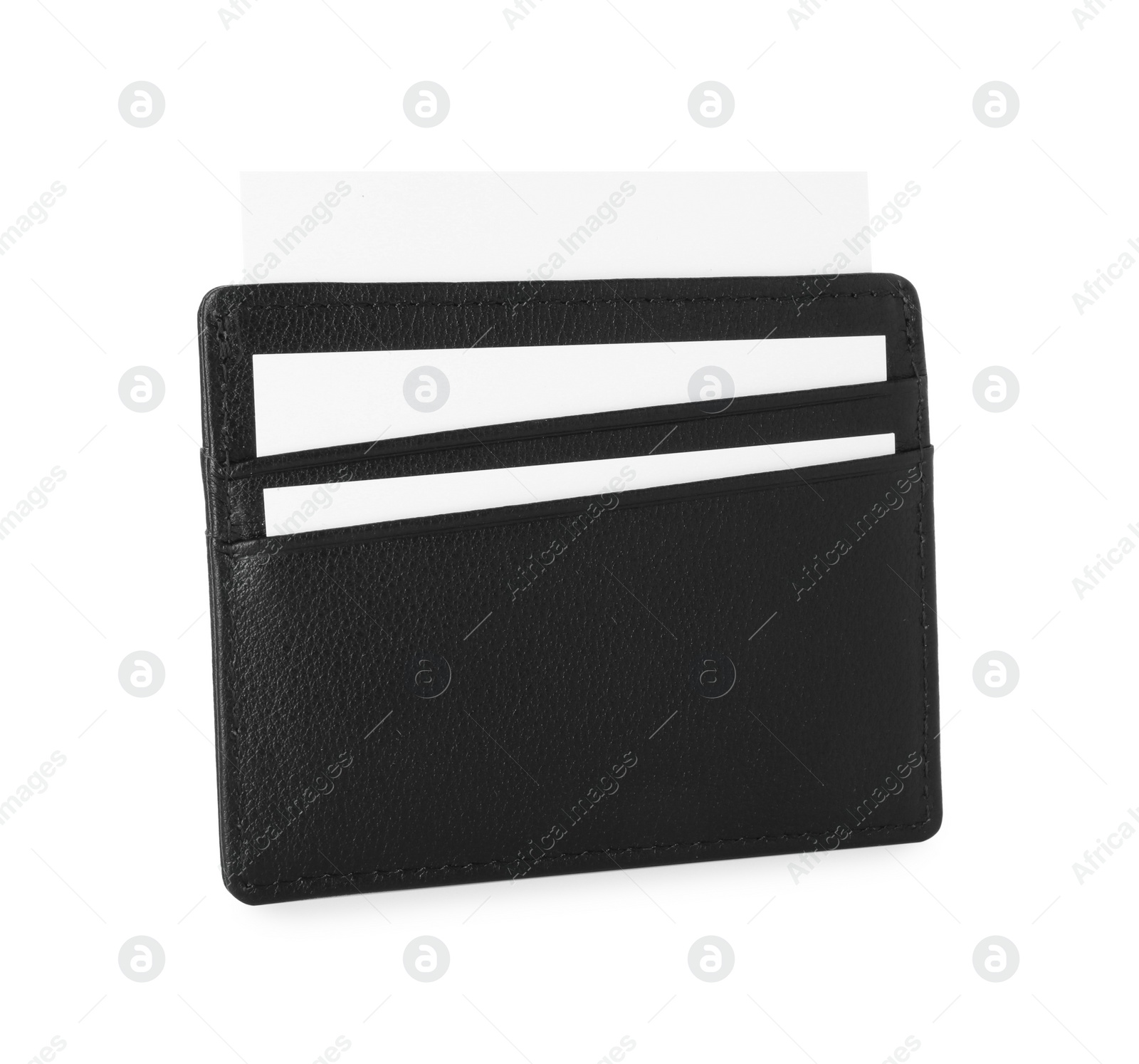 Photo of Black business card holder with cards isolated on white