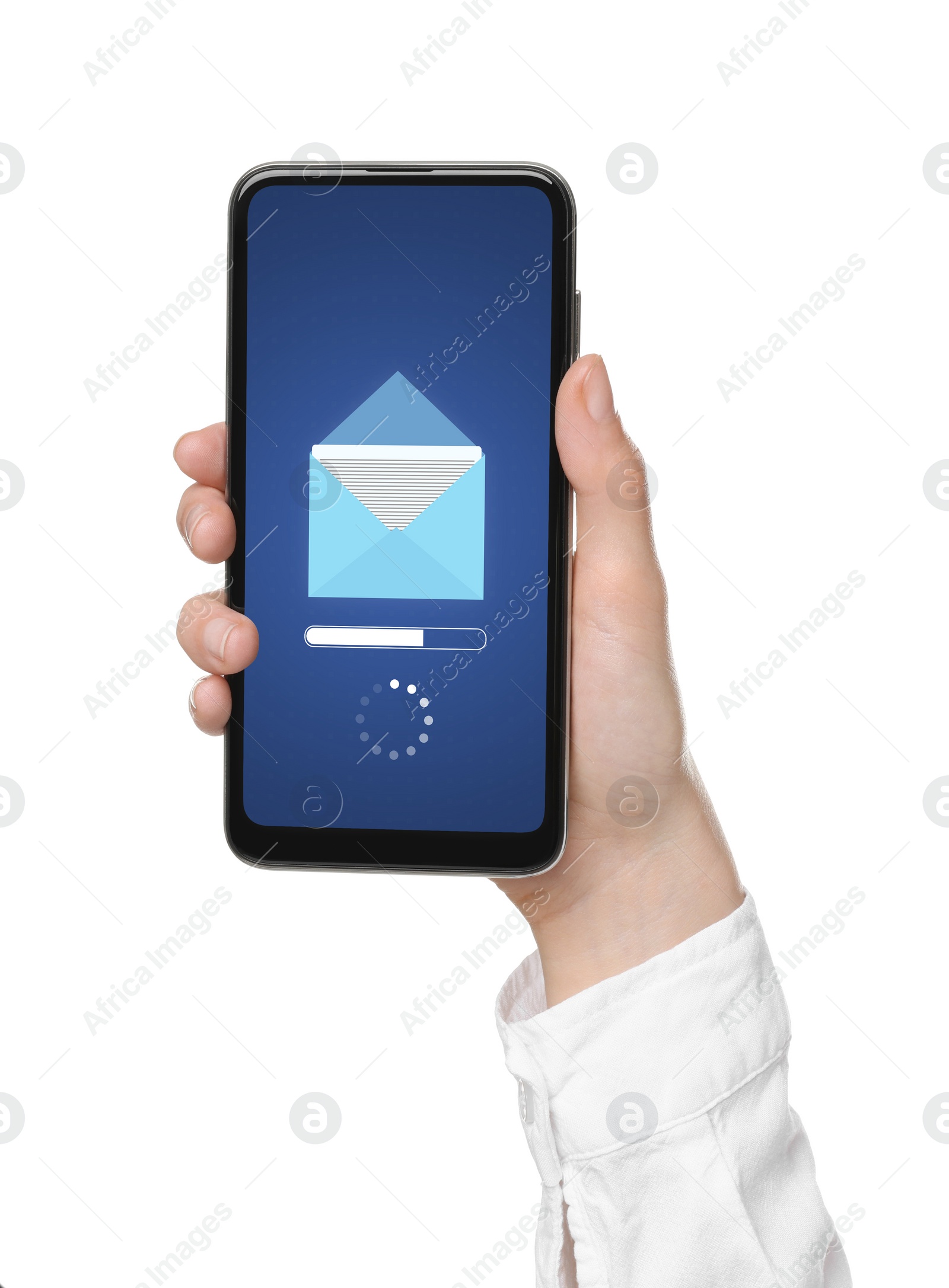 Image of Got new message. Woman holding smartphone on white background, closeup