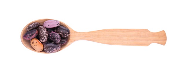 Photo of Wooden spoon with dry kidney beans isolated on white, top view