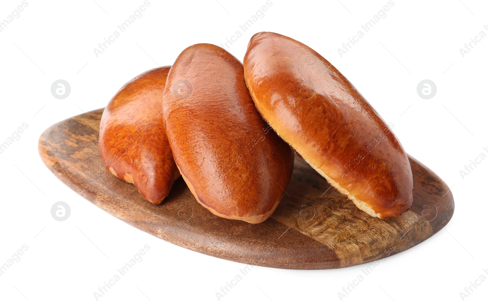 Photo of Wooden board with delicious baked patties on white background