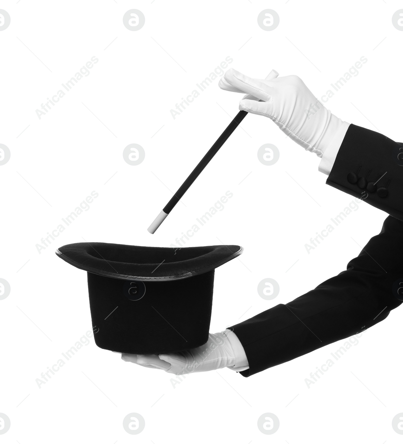 Photo of Magician showing magic trick with top hat on white background, closeup