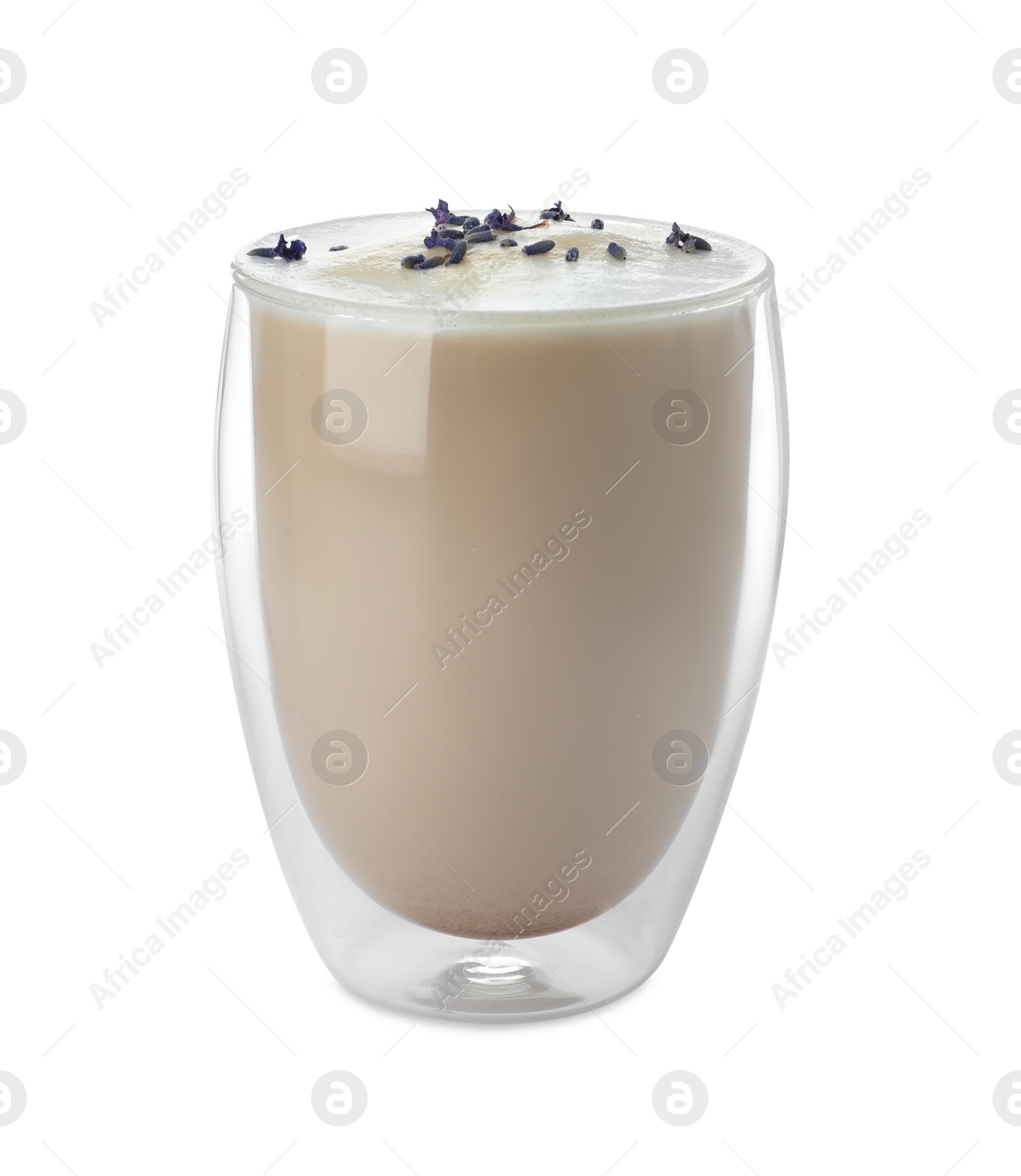 Photo of Delicious coffee with lavender isolated on white