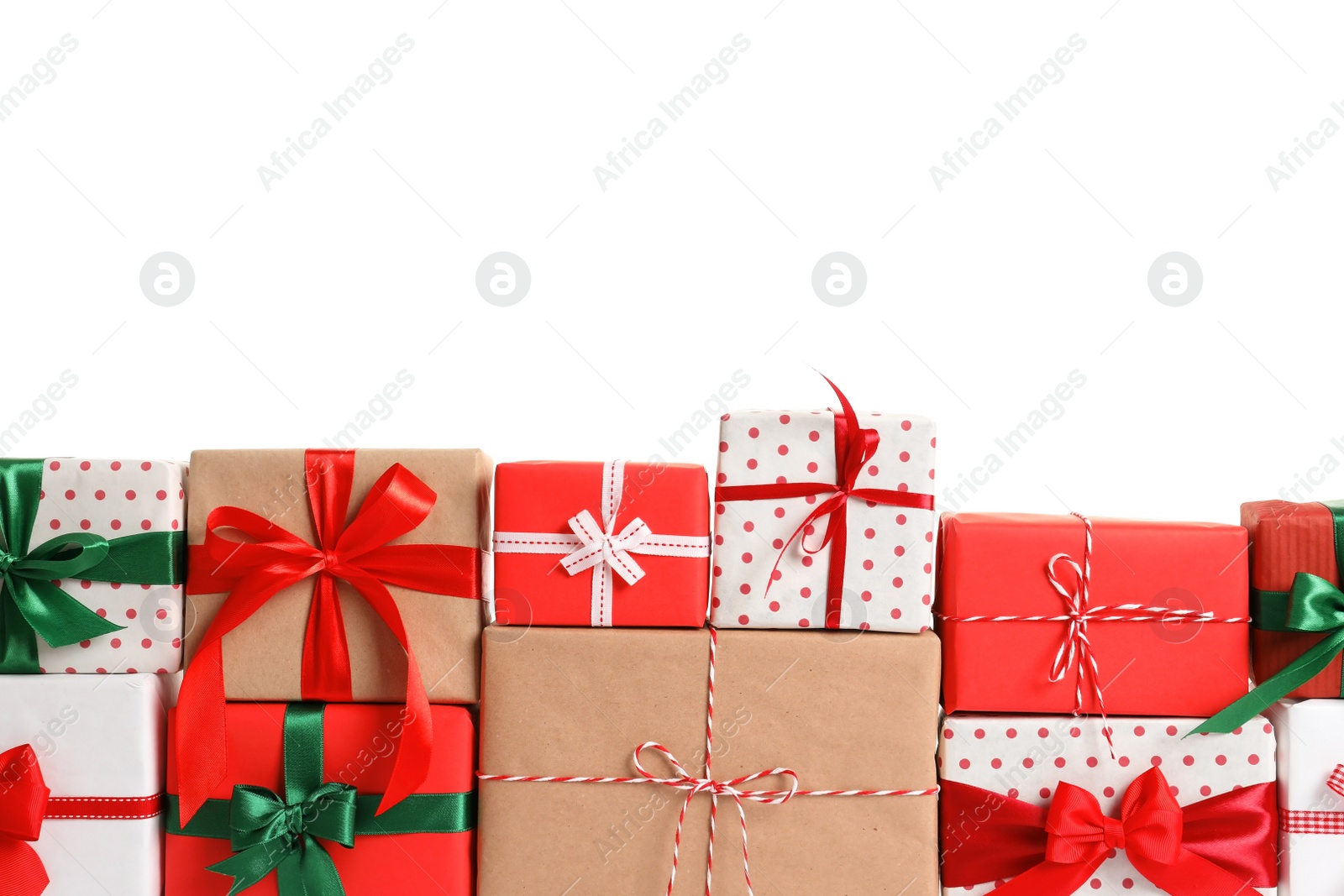 Photo of Beautifully wrapped gift boxes on white background