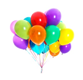 Photo of Bunch of colorful balloons on white background. Festive decor