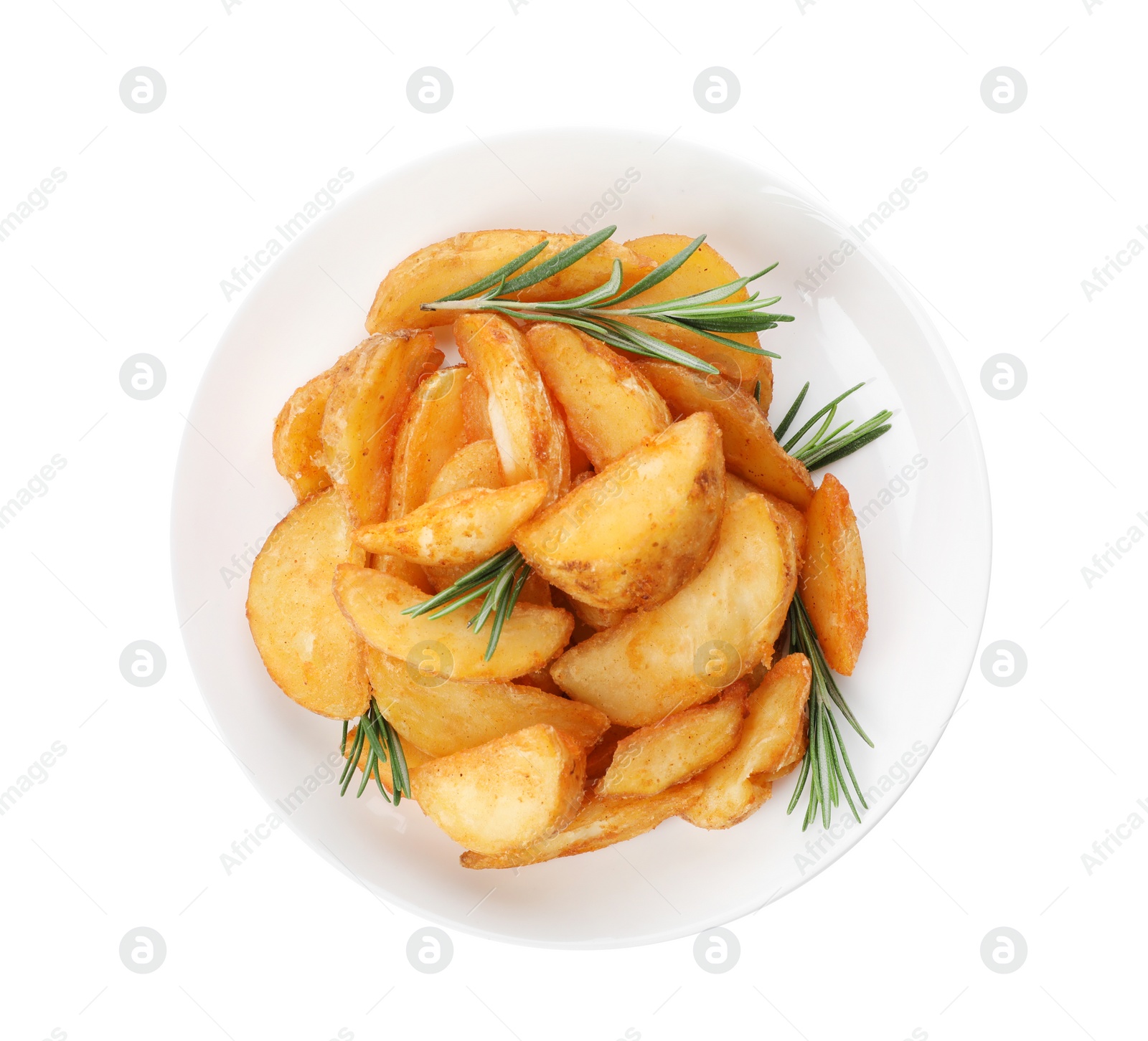 Photo of Plate with baked potatoes and rosemary on white background, top view