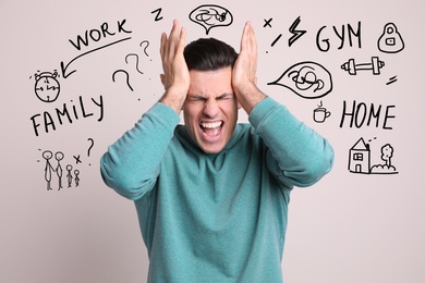 Image of Stressed man, text and drawings on light background